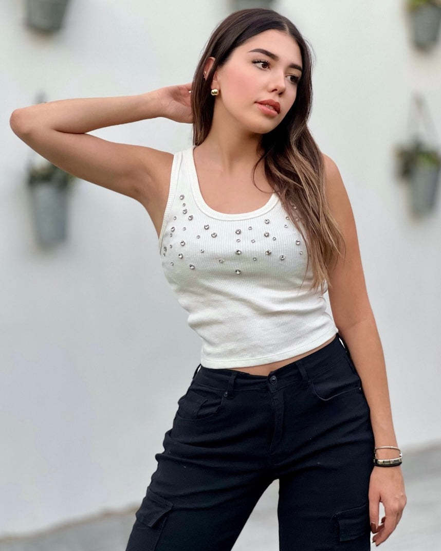 Top Tank Con Piedras, casual, fiesta ,tela canale